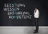 Elegant businessman looking at success terms written in german