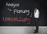Businessman looking at a chalkboard of german planning terms