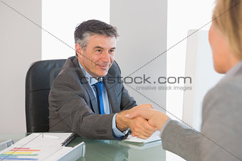Pleased businessman shaking the hand of a interviewee