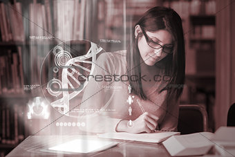 Concentrated mature student studying medicine on digital interface