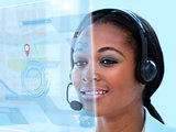 Beautiful call center worker using futuristic holographic interface
