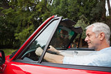 Content handsome man driving red cabriolet