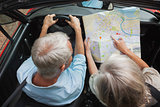 Overhead view of mature couple reading map