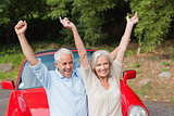 Cheerful mature couple posing by their red convertible
