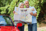 Smiling mature couple reading map looking for direction
