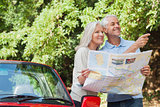 Cheerful mature couple reading map looking for direction