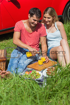 Happy couple sitting on the grass having picnic together