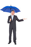 Peaceful businessman holding blue umbrella