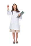 Brunette doctor holding clipboard and pointing at something