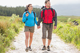 Hikers with backpacks holding hands and walking