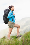 Attractive hiker with backpack walking uphill