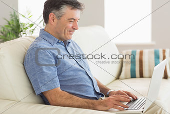 Smiling man sitting on a sofa using a laptop