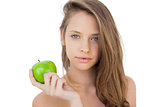 Pleased brunette model holding an apple