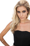 Gorgeous blonde model in black dress posing looking at camera