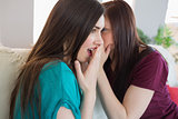 Brunette teen telling her surprised friend a secret