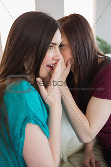 Brunette teen telling her shocked friend a secret