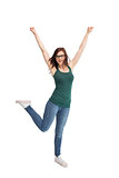 Happy young woman with glasses gesturing
