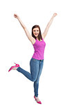 Happy stylish brunette wearing high shoes cheering up