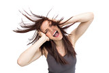 Furious pretty brunette tossing her hair