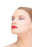 Sensual blonde model wearing red lips