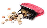 Pink leather purse and coins