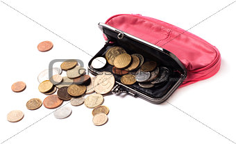 Pink leather purse and coins