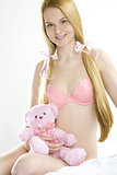 woman wearing underwear with teddy bear