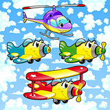 Cartoon airplanes and helicopter in the sky.