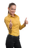 smiling business woman, isolated. Thumb up.