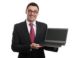 businessman showing a laptop with blank screen