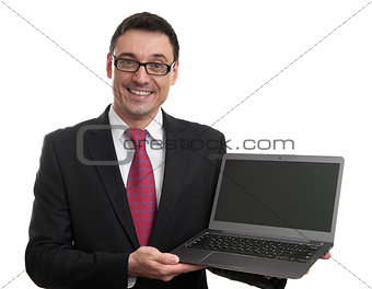 Smiling businessman with laptop computer