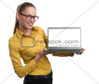 woman showing a blank laptop screen