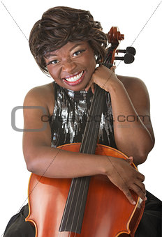Happy Lady Holds a Cello