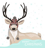 Cute deer with hat winter background