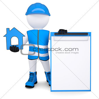 3d man in overalls with house ico