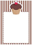 Retro vector restaurant menu, wedding card, list or baby shower invitation with sweet chocolate cupcake on brown vintage pattern or stipes background