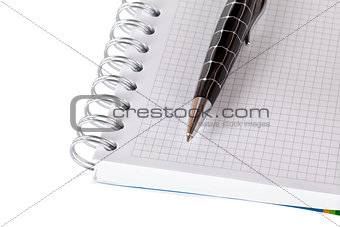 Stationery set. Blank notebook and pen isolated on white backgro