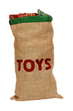 Hessian toy sack stuffed full with Christmas presents