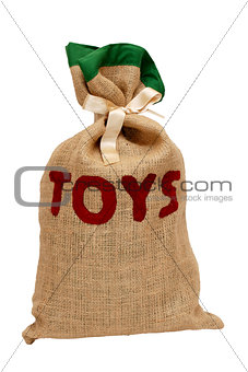 Santa's hessian sack full of toys and tied with satin ribbon