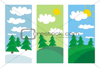Summer, spring and winter landscapes flat design banners with green trees and white clouds vector illustration