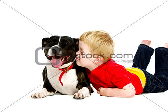 Young boy and dog isolated on a white background