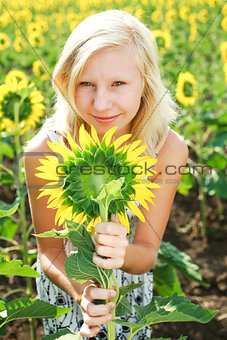 Young girl in the field of sunflowers