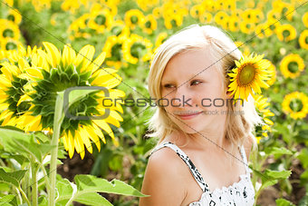 Dreamy cute young girl in the field of sunflowers