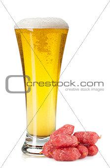 Lager beer glass and mini sausages