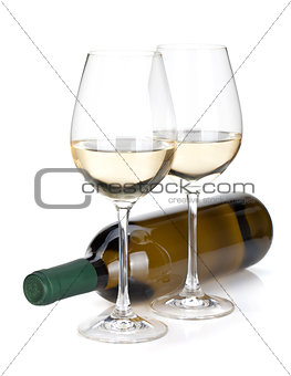 White wine bottle and two glasses