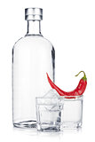 Bottle of vodka and shot glass with ice and red chili pepper