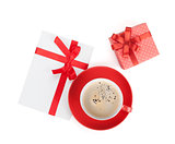 Red coffee cup, gift box and love letter