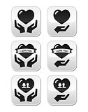 Hands with heart, love, relationship buttons set