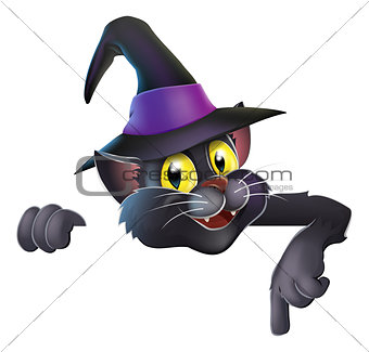 Pointing cartoon witchs cat