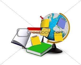 Books and World Map with Yellow Notes